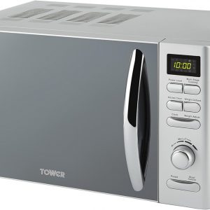 Tower T24019S Infinity Digital Solo Microwave with 6 Power Levels, 8 Auto Cook Options, 60 Minute Timer, Defrost Function, Stylish Mirrored Door, 18/10 Steel, 800W, 20L, Silver