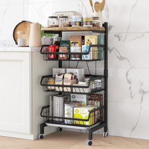 UMDONX Vegetable Storage Rack,kitchen Trolley,Vegetable Trolley on Wheels,4 Tier Kitchen Vegetable Storage Trolley Black Metal 15.4″*12.2″*34.44″