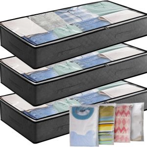 Underbed Storage Bag 3Pack 90L Large Under Bed Storage Box with 4 x Large Zip lock Bags with PVC Window for Clothes, Duvets, Comforters, Blankets, Bedding, Quilts