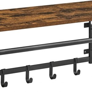 VASAGLE Wall Mounted Coat Rack with Storage Shelf, Wall Shelf with 5 Removable Hooks, Hanging Shelf with Rod, for Entryway, Bedroom, Living Room, Rustic Brown and Black LCR12BX