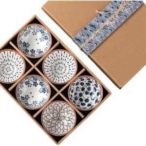 Vellichor Europe Set of 6 Japanese-Style Ceramic Rice Bowls – 300ml Bohemian Design Small Bowls for Soup, Cereal, Desserts – Chip-Resistant, Microwave & Dishwasher Safe – Elegant Dining & Gift Set