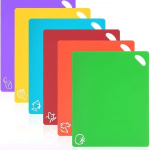 Vicloon Plastic Chopping Board Set, 6Pcs Flexible Kitchen Plastic Cutting Board Mats with Food Icons, Non Slip Antimicrobial Easy Hanging Boards, Dishwasher Safety