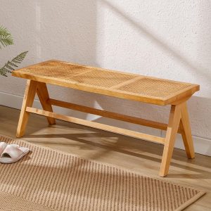 Wahson Rattan Dining Bench Modern Ottoman Bench Seat with Solid Wood Legs Entryway Bench Seat, Window Seat Footstools for Dining Room, Natural Wood