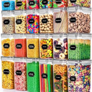Wildone Airtight Food Storage Containers Set, 24 PC BPA Free Clear Plastic Kitchen and Pantry Organization Canisters with Durable Lids ideal for Cereal, Flour, Sugar, with Labels & Marker