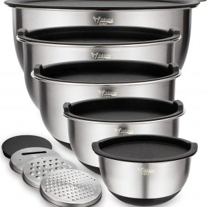 Wildone Mixing Bowls Set of 5, Stainless Steel Nesting Bowls with Airtight Lids, 3 Grater Attachments, Measurement Marks & Non-Slip Bottoms, Size 5, 3, 2, 1.5, 0.63 QT, Great for Mixing & Serving