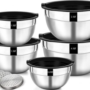 Wildone Mixing Bowls with Airtight Lids, 5 Pieces Stainless Steel Metal Nesting Storage Salad Bowls, Size 4.5L, 2.7L, 1.6L, 1.1L, 0.7L, Suitable for Mixing, Preparing & Serving