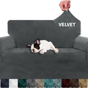 XINEAGE 1 Piece Velvet Couch Covers for 2 Cushion Couch High Stretch Loveseat Slipcover for Pets Dogs Anti Slip Love Seat Sofa Slipcover Furniture Protector (2 Seater, Grey)