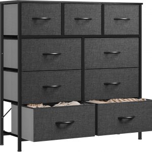 YITAHOME Chest of Drawer, Fabric Dresser with 9 Drawers, Organizer Unit for Bedroom, Living Room, Hallway, Closets & Nursery – Sturdy Steel Frame, Wooden Top & Easy Pull Fabric Drawer (Black Grey)