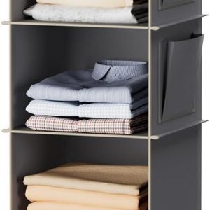 YOUDENOVA Hanging Wardrobe Organiser 6 Shelves Wardrobe Storage Hanging Shelves With Side Pockets Clothes Organiser Bedroom Storage (Gray, 6-Shelves with Velcro)