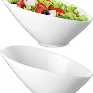 Yesland 2 Pack Porcelain Angled Serving Bowls Ceramic White Salad Bowls Set Slanted Bowls, 26oz (770ml)