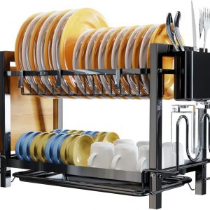 Yexati 2 Tier Dish Drying Rack,Large Capacity Dish Drainer,Kitchen Dish Rack With Utensil Organzie,Dish Drainer Rack With Cutting Board Holder,Plus 3 Hooks,Black