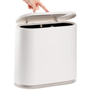 ZENFUN 2.2 Gallon/10L Plastic Trash Can with Press Lid, Oval Slim Wastebasket Garbage Container Bin Bathroom Garbage Can for Living Room, Bedroom, Kitchen, Office, Easy to Clean, White