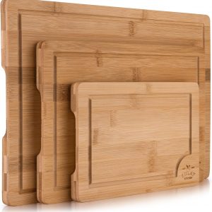 Zulay Kitchen 3-Piece Bamboo Cutting Board with Juice Groove – 100% Thick Wood Cutting Board Set – Large Cutting Board Bamboo with Handle – Wood Cutting Boards for Kitchen
