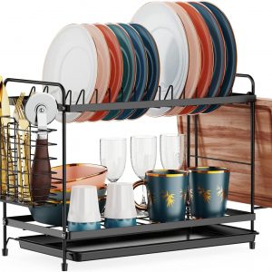 iSPECLE 2 Tier Dish Drainer Rack – Small Dish Drying Rack with Drip Tray, Space-Saving Sink Draining Board Rack with Utensil Cutting & Board Holder for Kitchen Counter, Black