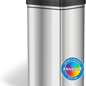 iTouchless 49 Litre Stainless Steel Automatic Dustbin with Odour Control System, Big Lid Opening Sensor Touchless Kitchen Wastebin (Base Version – No AC Adapter)