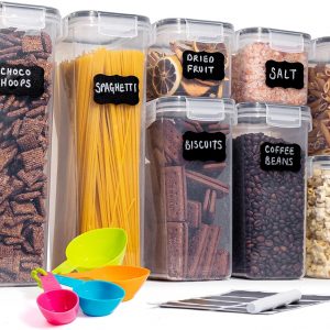 nuovva Airtight Food Storage Container Set – 8pcs Plastic Kitchen Organiser – Cereal Storage Containers with Lids – Kitchen Organisation Jars for Cereal, Pasta, Spaghetti, Flour, Rice