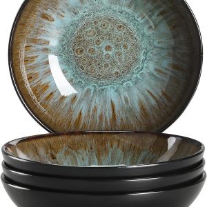 vancasso Bubble Stoneware Wide and Deep Pasta Bowl Set, 4-Piece Reactive Glaze Brown Soup Plate, 8.2in Soup Bowl Large Bowl. 950ml/32oz