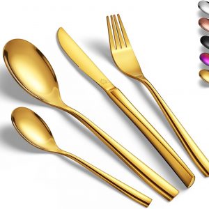 vancasso Cutlery Set, Gold Cutlery Set for 6 People, 24 Piece Tableware Cutlery Set for Home Restaurant Party, Cutlery Include Dinner Forks/Spoons/Knives, Square Edge & Mirror Polished