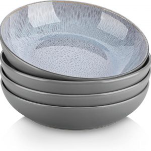 vancasso Karst Pasta Bowls Set of 4, 40 Ounce Large Salad Bowls, Stoneware Serving Bowl for Kitchen, Microwave Oven Dishwasher Safe, Sturdy Wide Bowls for Pasta, Salad, Soup, White Gray