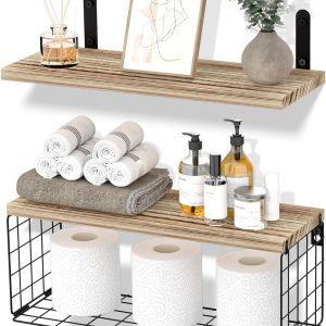 zhongko 41CM Floating Shelves, 2 Set Bathroom Shelves with Wire Storage Basket, Wood Wall Shelves for Bathroom, Kitchen, Bedroom, Living Room, Laundry Room（Dark Brown）, Vintage